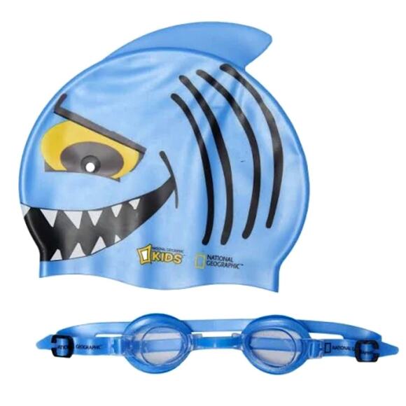 NWT National Geographic Boys and Girls Shark Swim Cap and Goggles Set - Picture 2 of 7